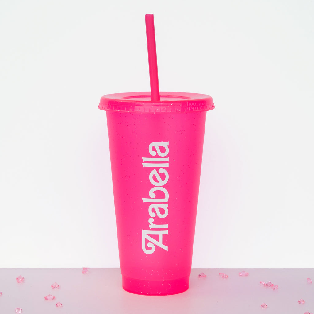 Personalised hot pink glitter Barbie themed reusable cup for parties or gifts.