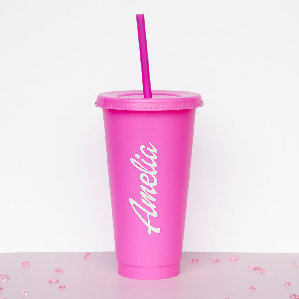 Personalised pink Barbie inspired cold cup with straw - 24oz/680ml