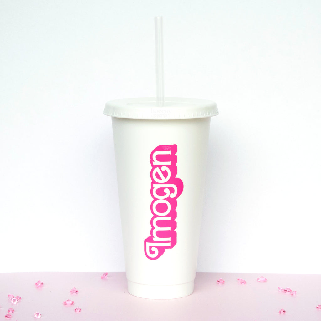 Personalised name Barbie themed reusable cup for parties or gifts.