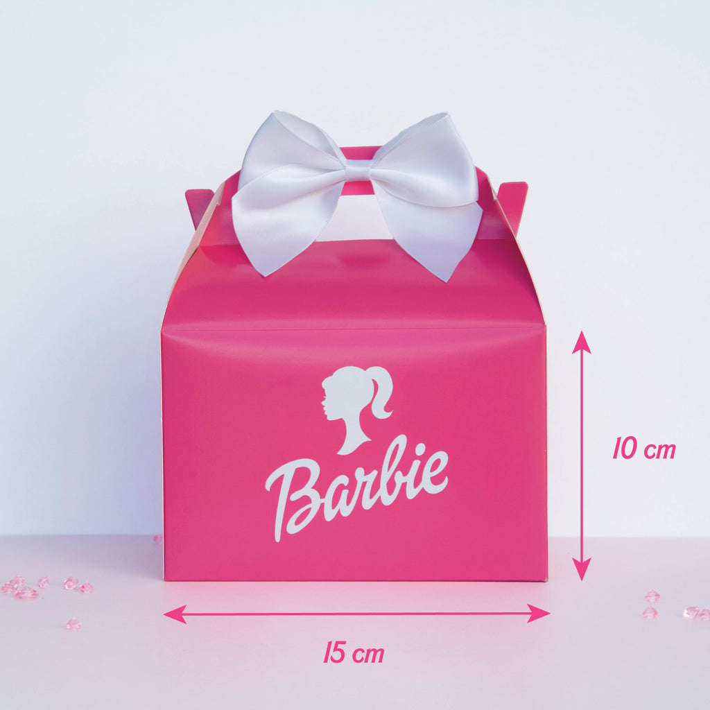 Personalised pink Barbie party lunch boxes measure 15cm x 10cm 