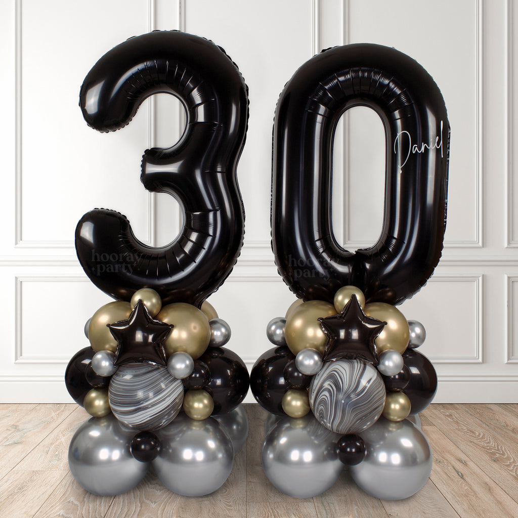 Balloon number age tower in black, gold and silver