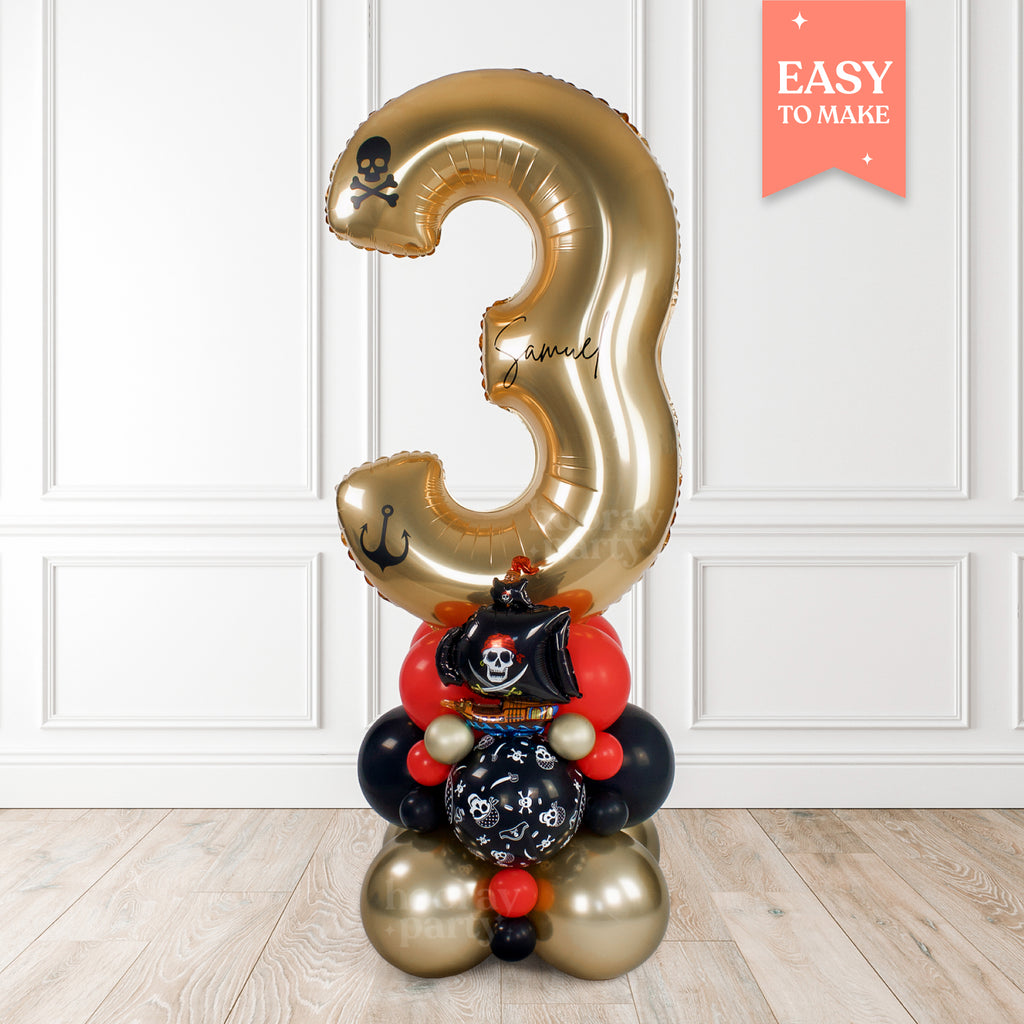Kids pirate themed birthday age number gold balloon column