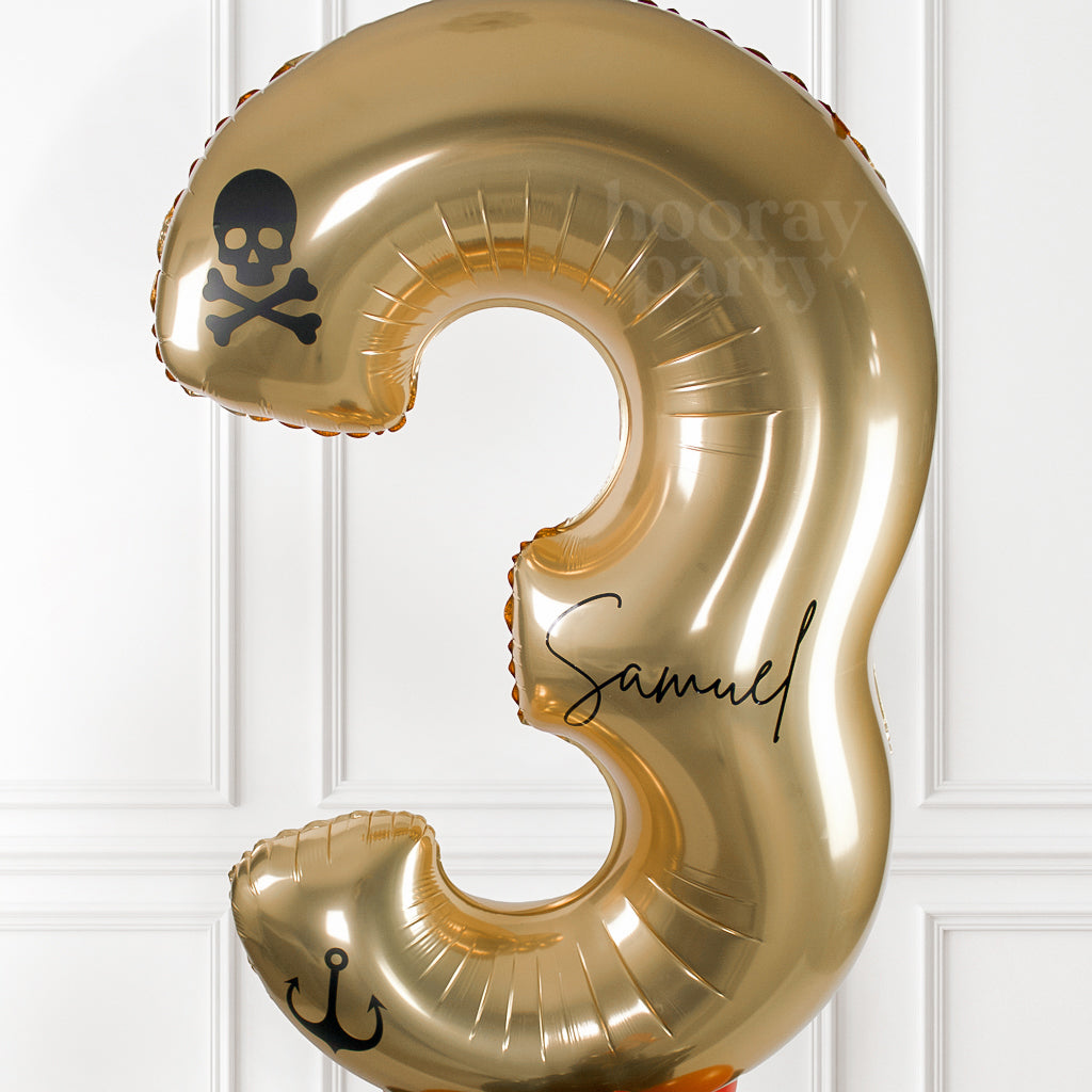 Personalised kids, pirate themed, birthday age number gold balloon.